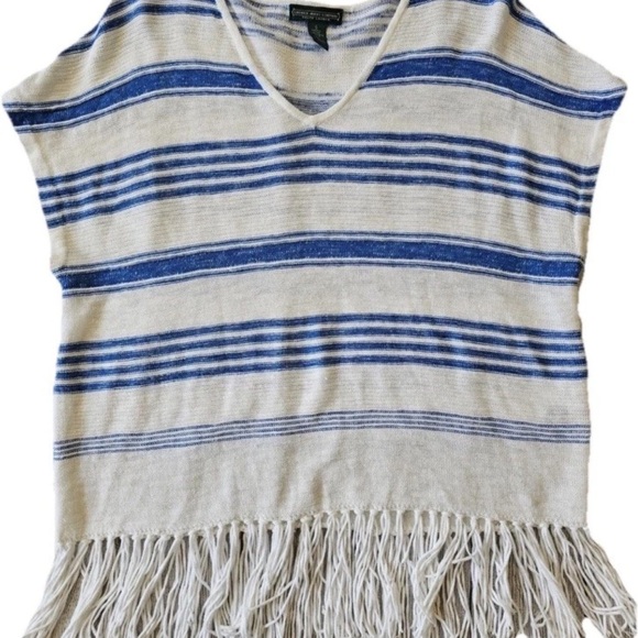 Ralph Lauren L Striped Fringe Poncho Top V-neck fringe hem boho coastal beach - Picture 4 of 7